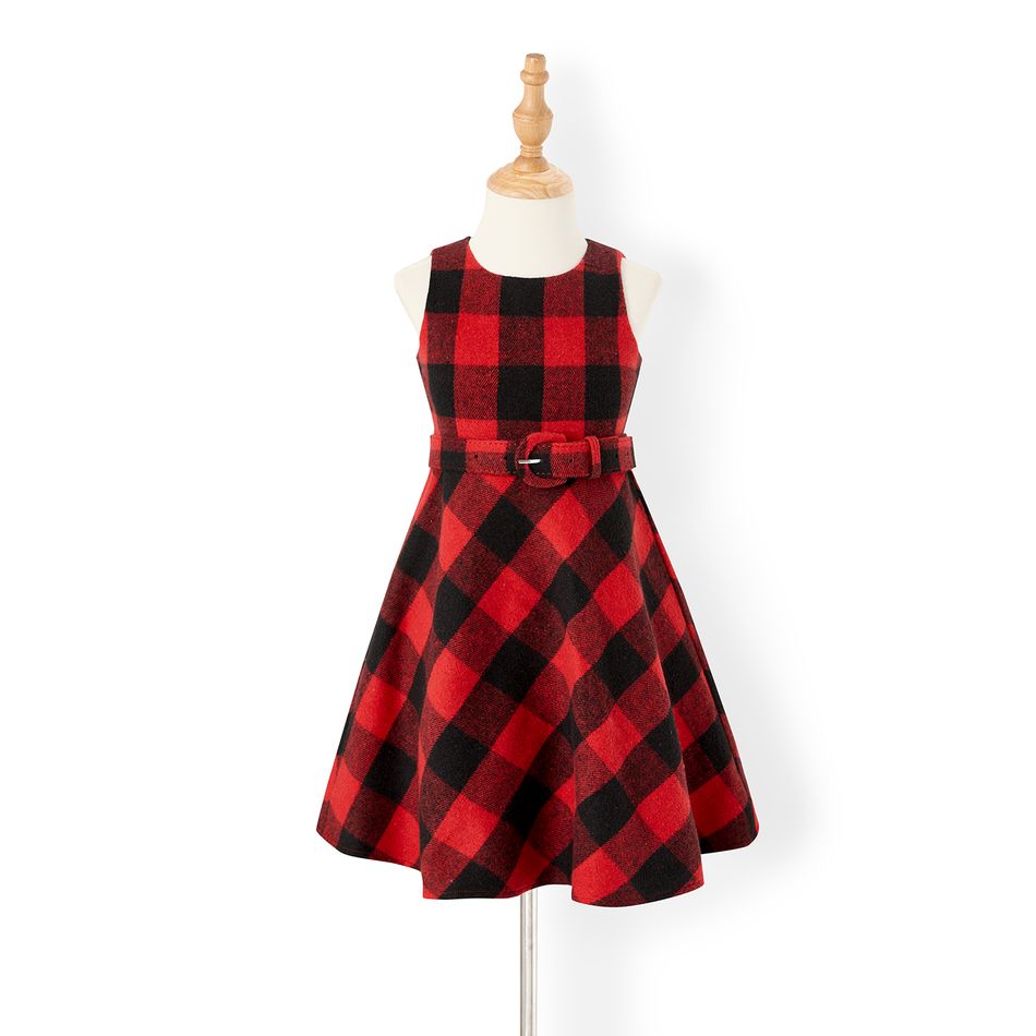 Family Matching Red Plaid Belted Tank Dresses and Spliced Long-sleeve Polo Shirts Sets ColorBlock big image 7