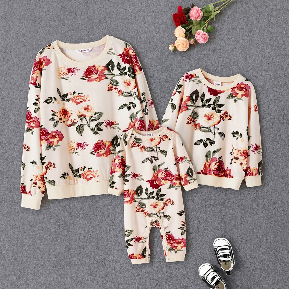 Allover Floral Print Round Neck  Long-sleeve Sweatshirts for Mom and Me Apricot