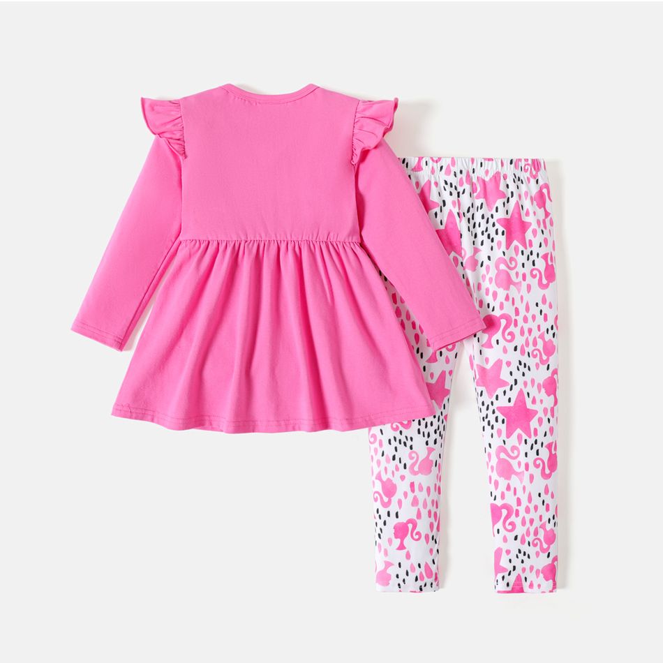 Barbie 2pcs Toddler Girl Character Print Ruffled Long-sleeve Tee and Allover Print Pants Set PinkyWhite big image 3