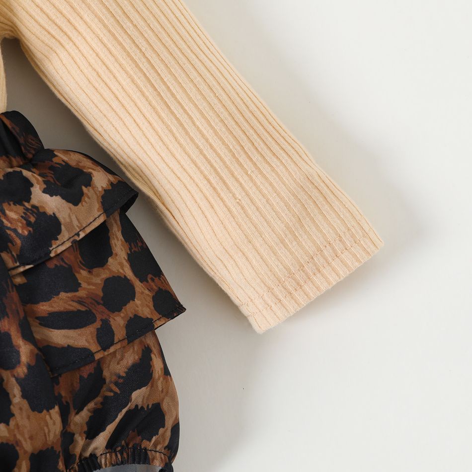 Baby Girl Solid Rib Knit Ruffle Long-sleeve Spliced Leopard Print Romper Almond Beige big image 4