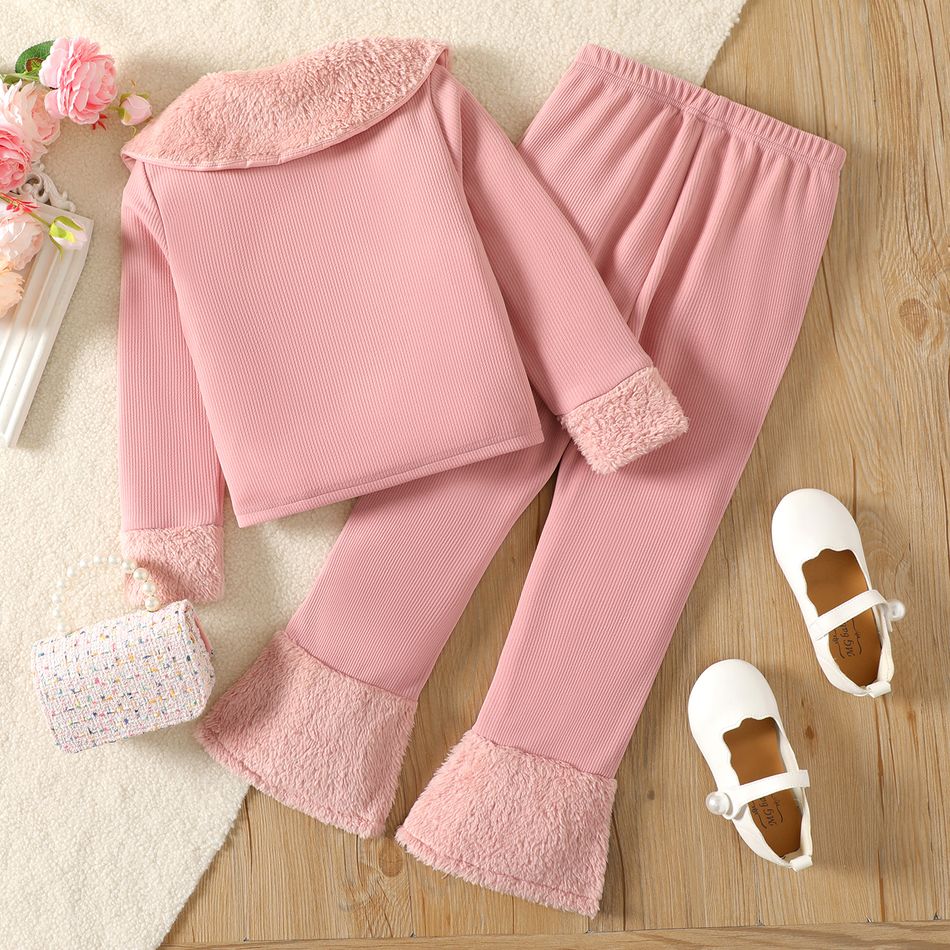 2pcs Kid Girl Fleece Splice Doll Collar Pink Jacket and Flared Pants Set Pink big image 4