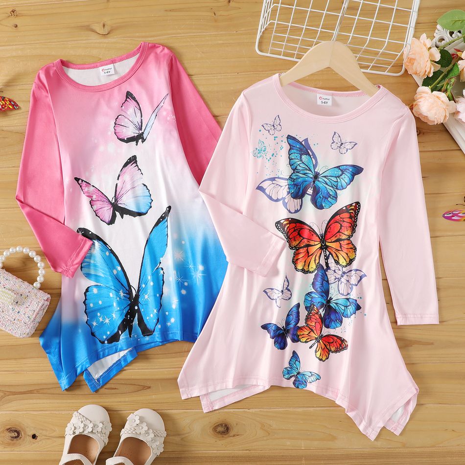 Kid Girl Butterfly Print Irregular Hem Long-sleeve Dress Pink big image 2