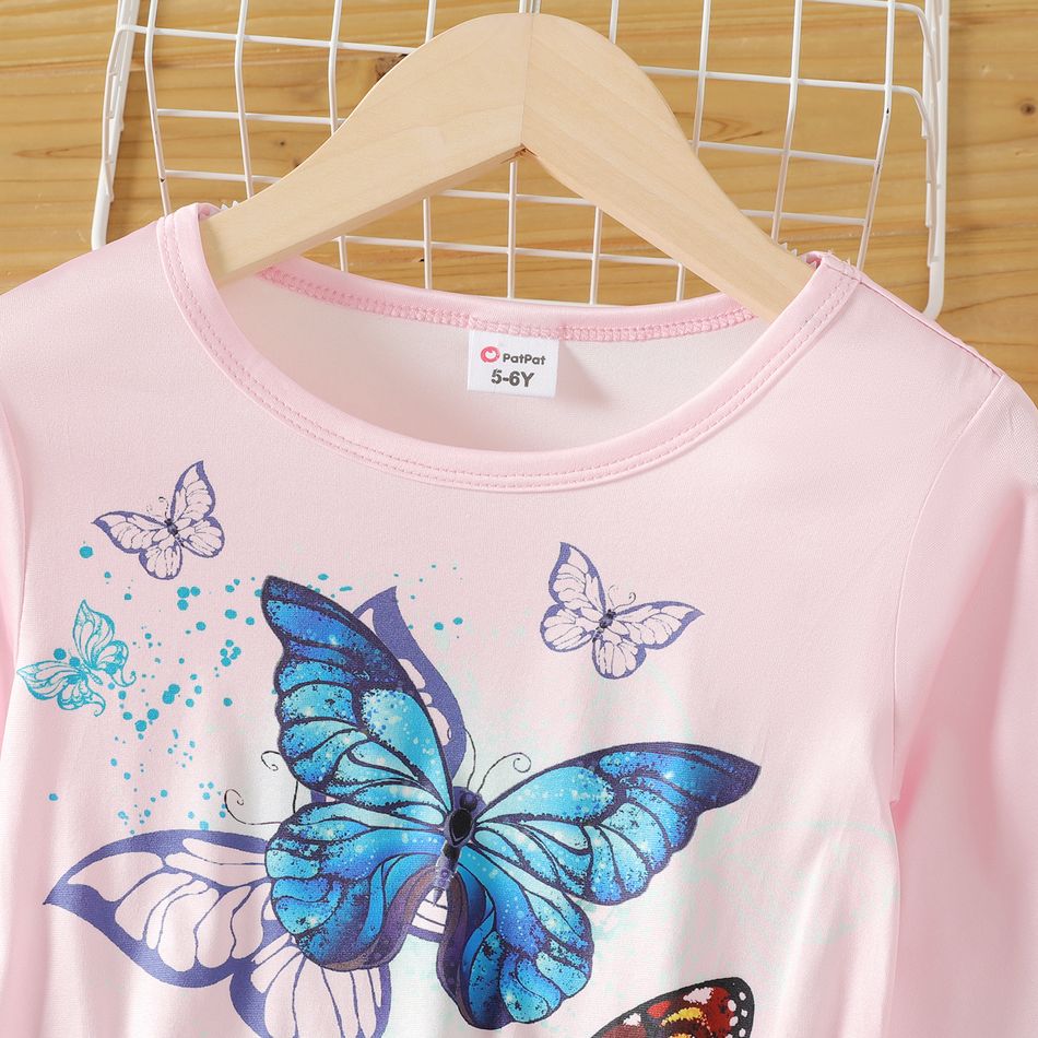Kid Girl Butterfly Print Irregular Hem Long-sleeve Dress Pink big image 3