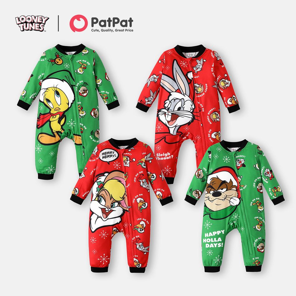 Looney Tunes Baby Boy/Girl Christmas Graphic Long-sleeve Zipper Jumpsuit Red big image 2
