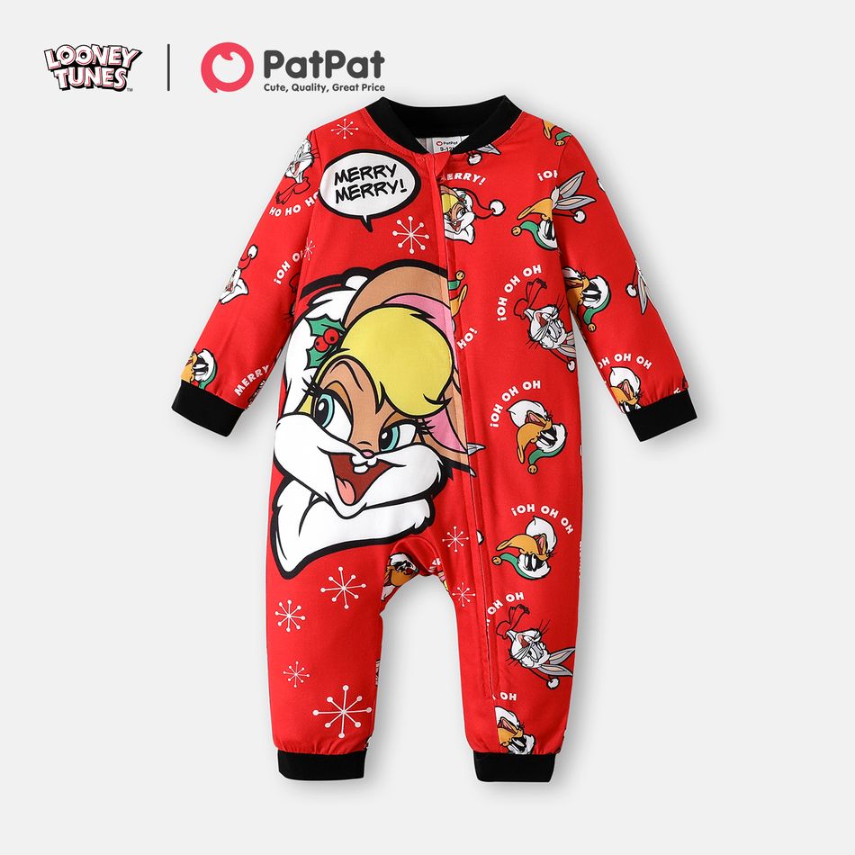 Looney Tunes Baby Boy/Girl Christmas Graphic Long-sleeve Zipper Jumpsuit Red big image 1