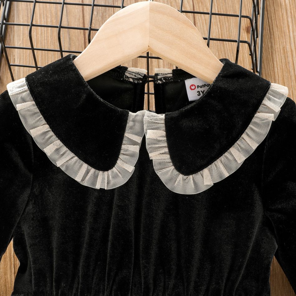 Toddler Girl Statement Collar Star Decor Velvet Mesh Splice Long-sleeve Dress Black big image 4
