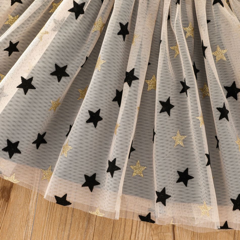 Toddler Girl Statement Collar Star Decor Velvet Mesh Splice Long-sleeve Dress Black big image 3