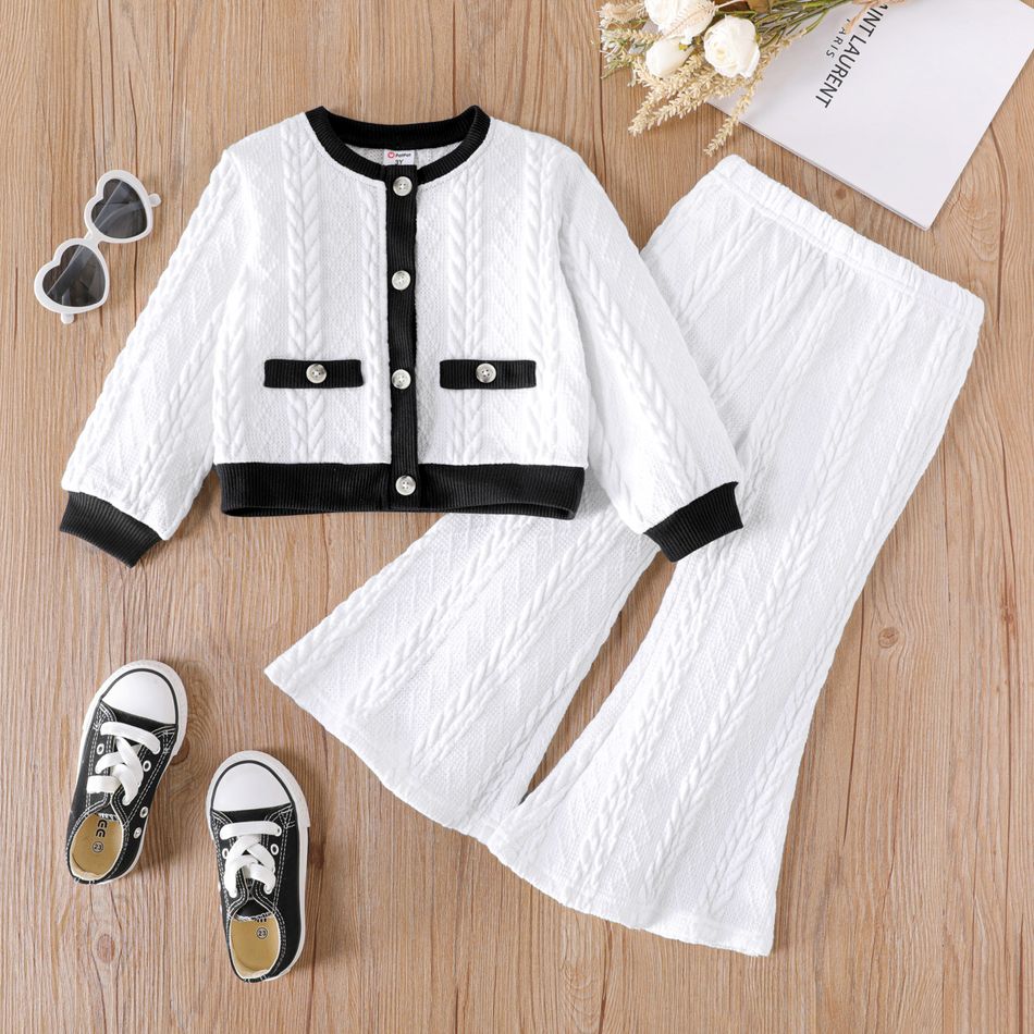 2pcs Toddler Girl Textured Colorblock Long-sleeve Tee and White Flared Pants Set BlackandWhite
