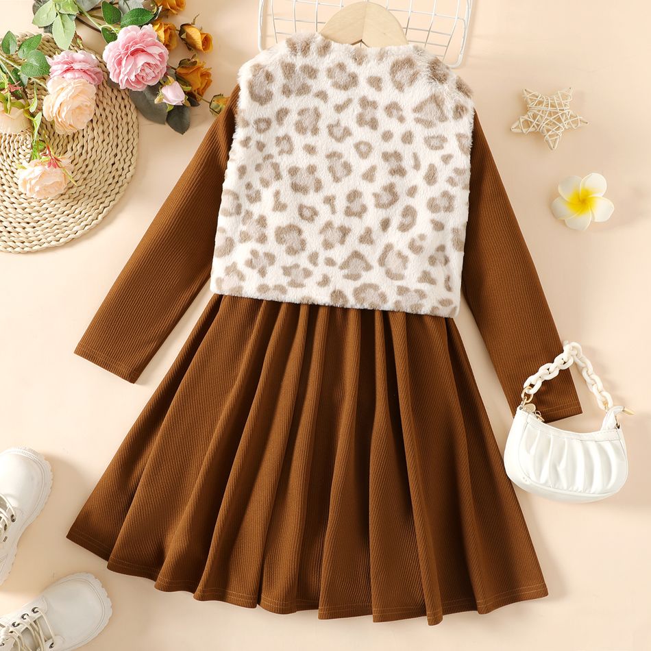 2pcs Kid Girl Solid Color Long-sleeve Dress amd Leopard Print Fleece Vest Set Apricot brown big image 6