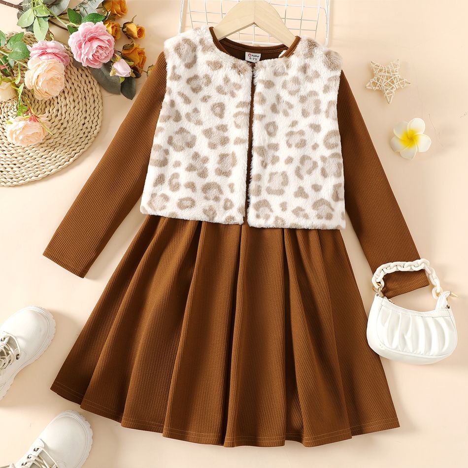 2pcs Kid Girl Solid Color Long-sleeve Dress amd Leopard Print Fleece Vest Set Apricot brown big image 2