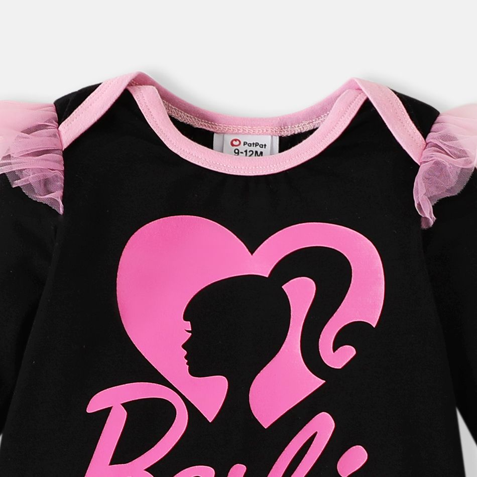 Barbie Baby Girl 95% Cotton Long-sleeve Mesh Ruffle Trim Graphic Jumpsuit Black big image 3