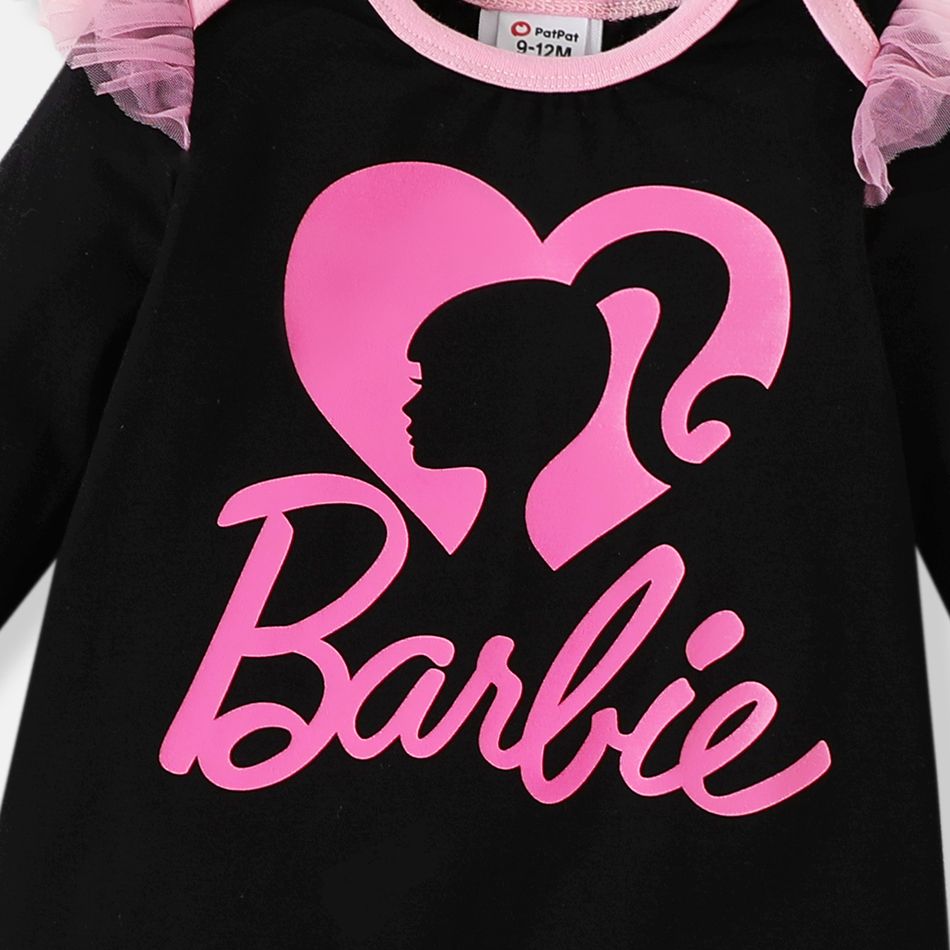 Barbie Baby Girl 95% Cotton Long-sleeve Mesh Ruffle Trim Graphic Jumpsuit Black big image 2