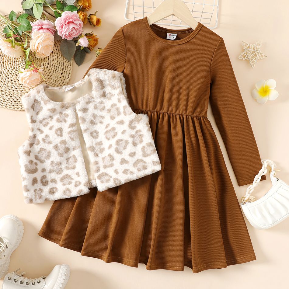 2pcs Kid Girl Solid Color Long-sleeve Dress amd Leopard Print Fleece Vest Set Apricot brown big image 1
