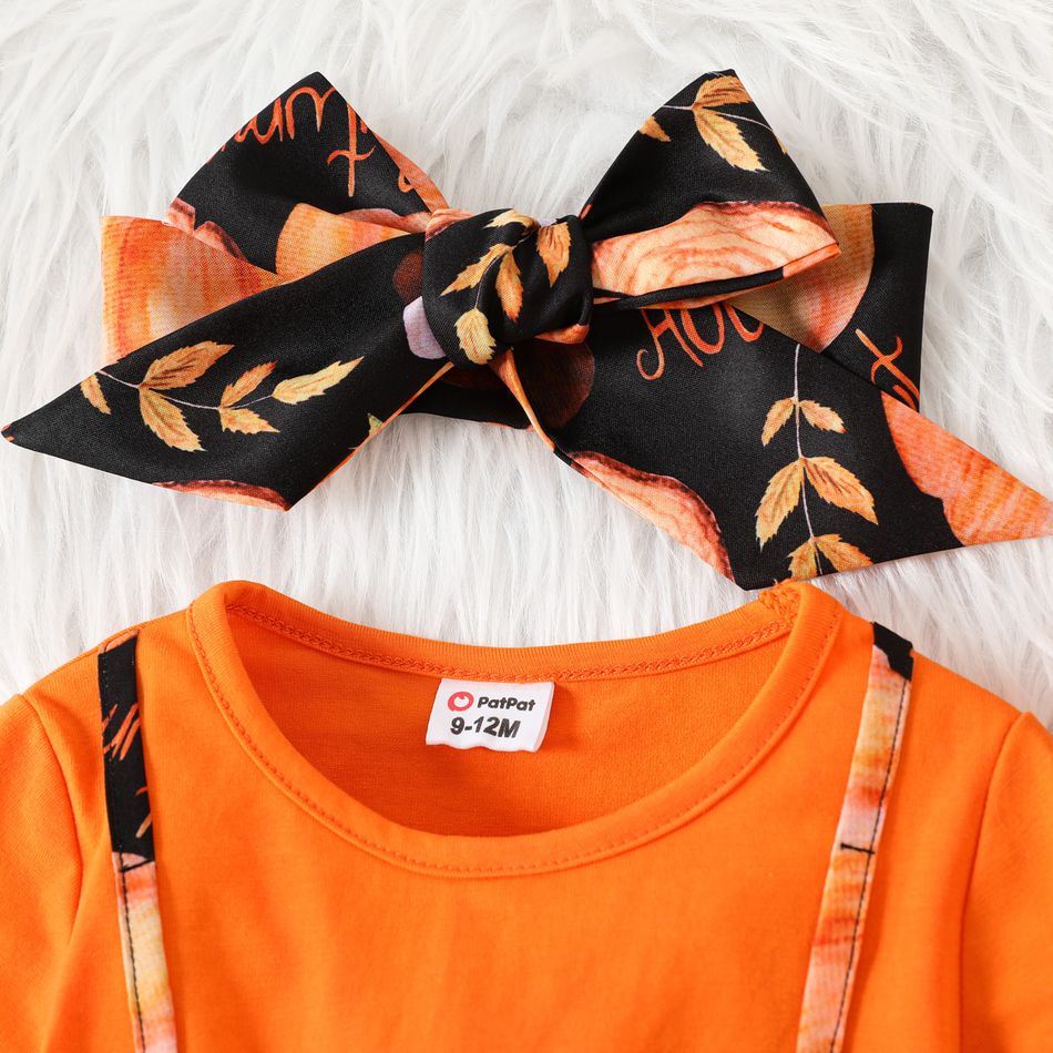 Thanksgiving Day 2pcs Baby Girl Allover Pumpkin Print Bow Front Spliced Solid Long-sleeve Dress with Headband Set Color block big image 3