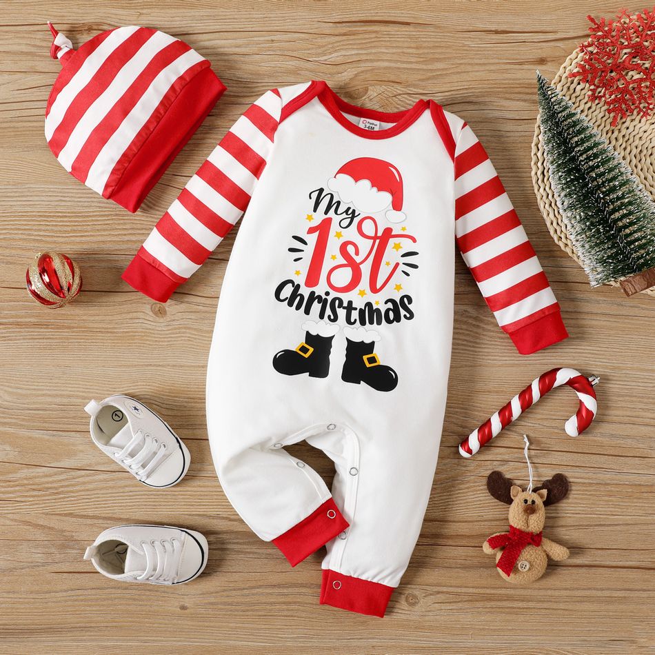 Christmas 2pcs Baby Boy Letter Print Striped Long-sleeve Jumpsuit with Hat Set REDWHITE big image 1