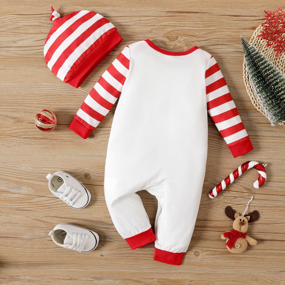 Christmas 2pcs Baby Boy Letter Print Striped Long-sleeve Jumpsuit with Hat Set REDWHITE big image 2