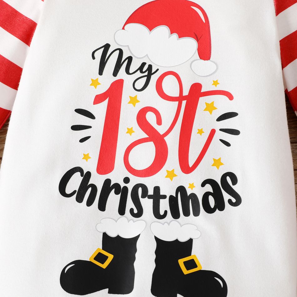 Christmas 2pcs Baby Boy Letter Print Striped Long-sleeve Jumpsuit with Hat Set REDWHITE big image 3