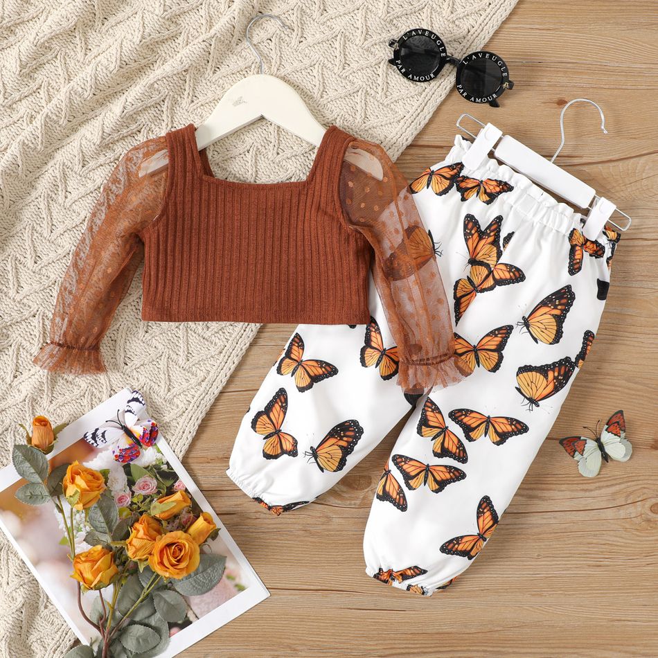 2pcs Baby Girl Polka Dot Mesh Long-sleeve Spliced Rib Knit Crop Top and Allover Butterfly Print Pants Set Brown big image 2