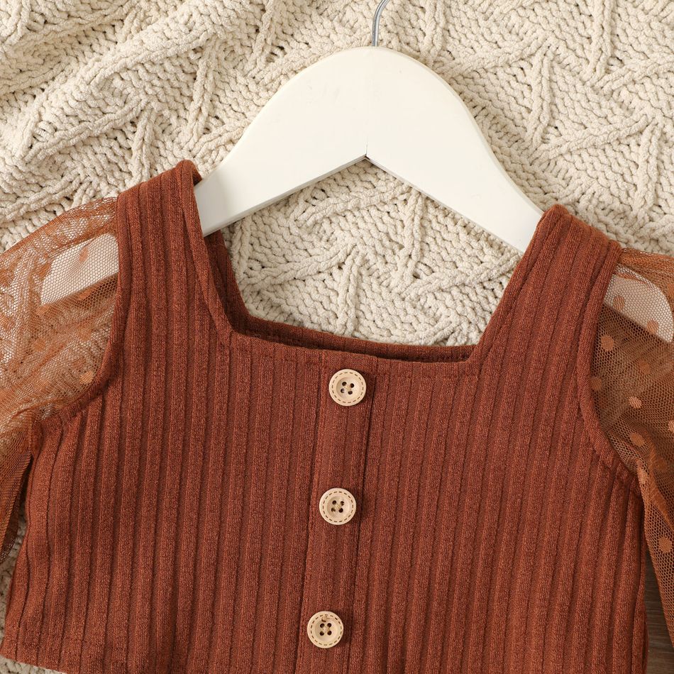 2pcs Baby Girl Polka Dot Mesh Long-sleeve Spliced Rib Knit Crop Top and Allover Butterfly Print Pants Set Brown big image 3