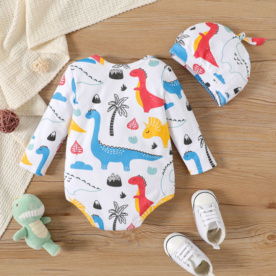 100% Cotton 2pcs Baby Boy Allover Colorful Dinosaur Print Long-sleeve Romper with Hat Set Colorful big image 2
