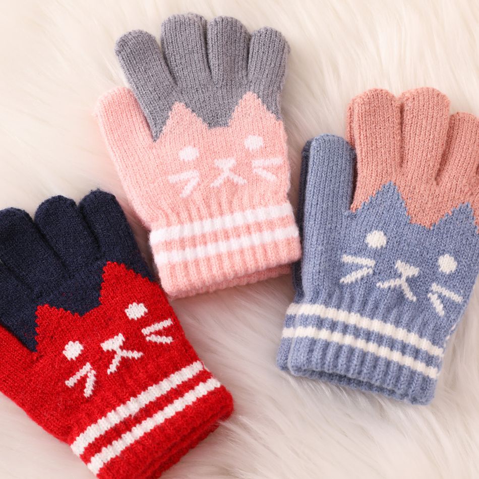 Toddler / Kid Cute Cat Kitten Pattern Knitted Gloves Pink big image 4