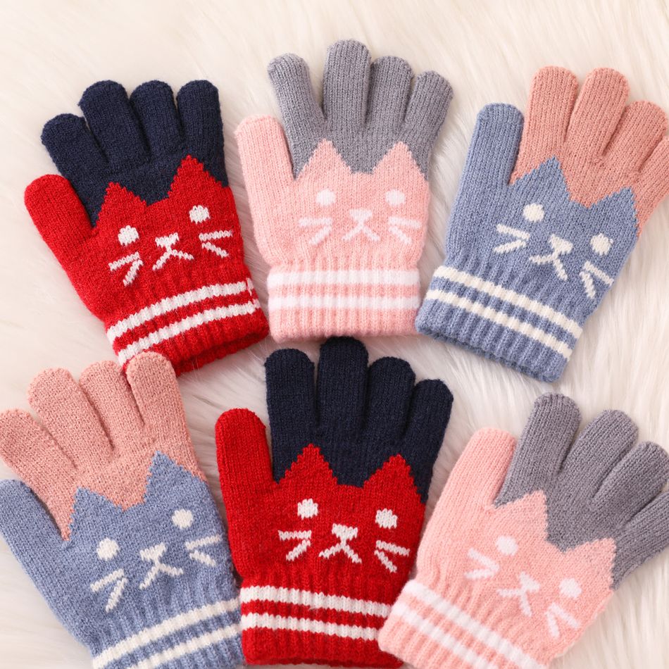 Toddler / Kid Cute Cat Kitten Pattern Knitted Gloves Pink big image 2