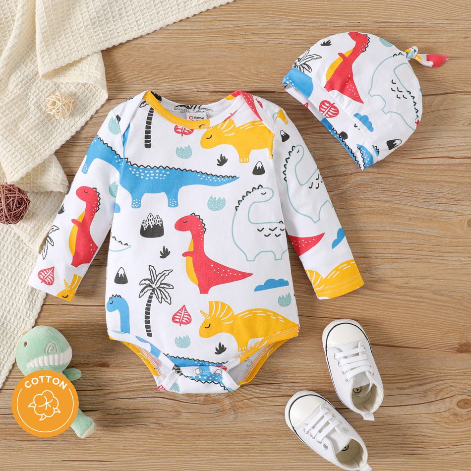 100% Cotton 2pcs Baby Boy Allover Colorful Dinosaur Print Long-sleeve Romper with Hat Set Colorful big image 1