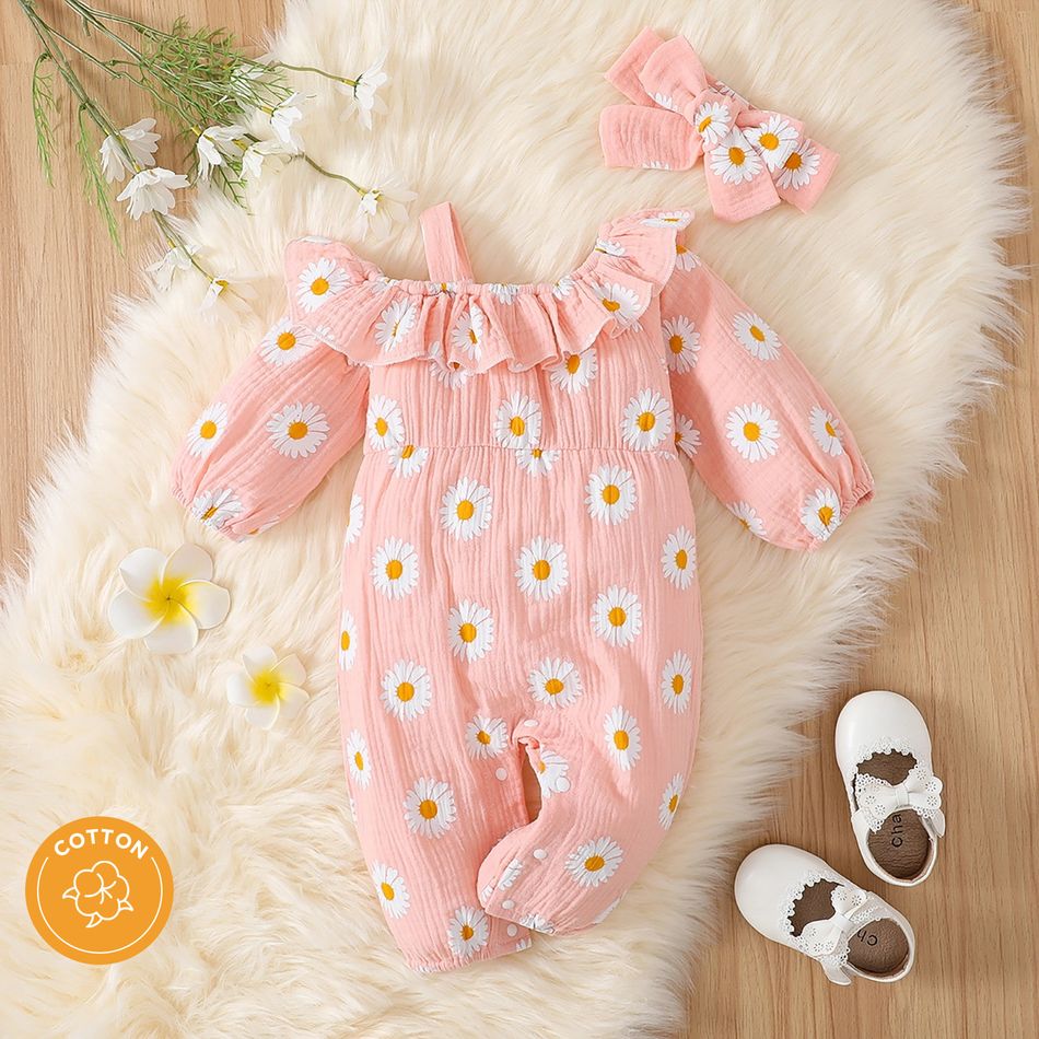 100% Cotton Crepe 2pcs Baby Girl Allover Daisy Floral Print One Shoulder Ruffle Trim Long-sleeve Jumpsuit with Headband Set Pink big image 1
