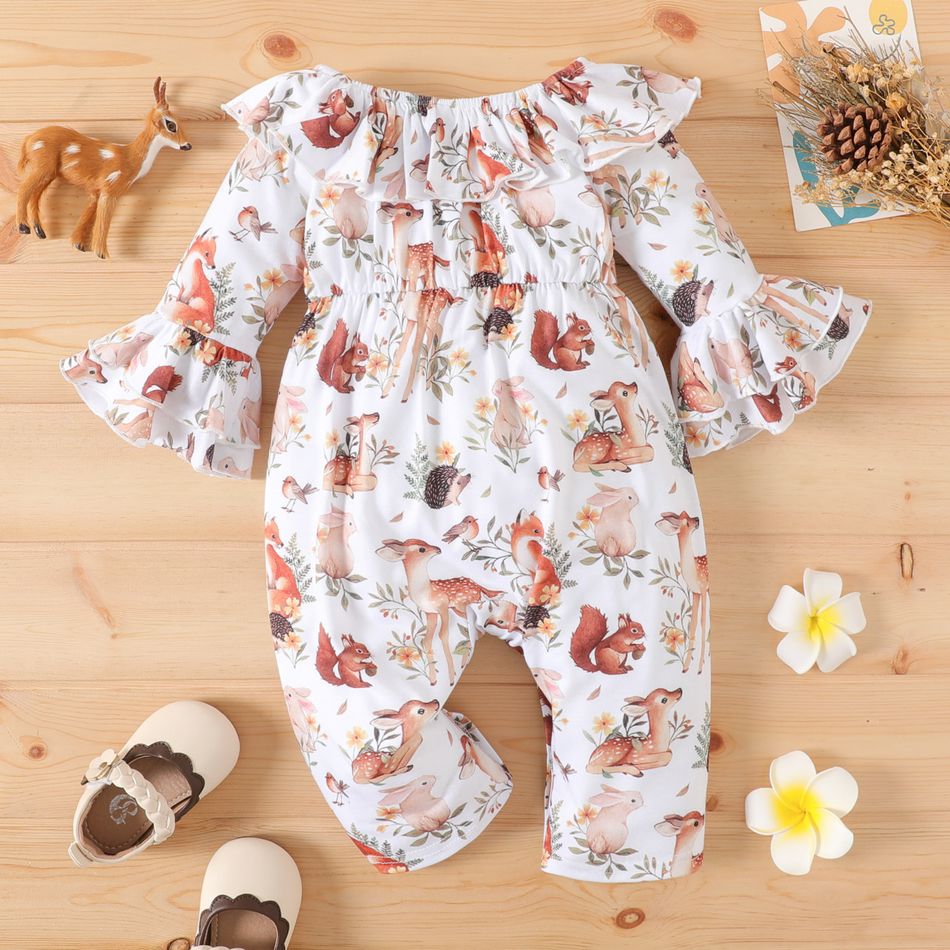 Baby Girl Allover Animal Print Ruffle Collar Flare-sleeve Jumpsuit Apricot big image 2