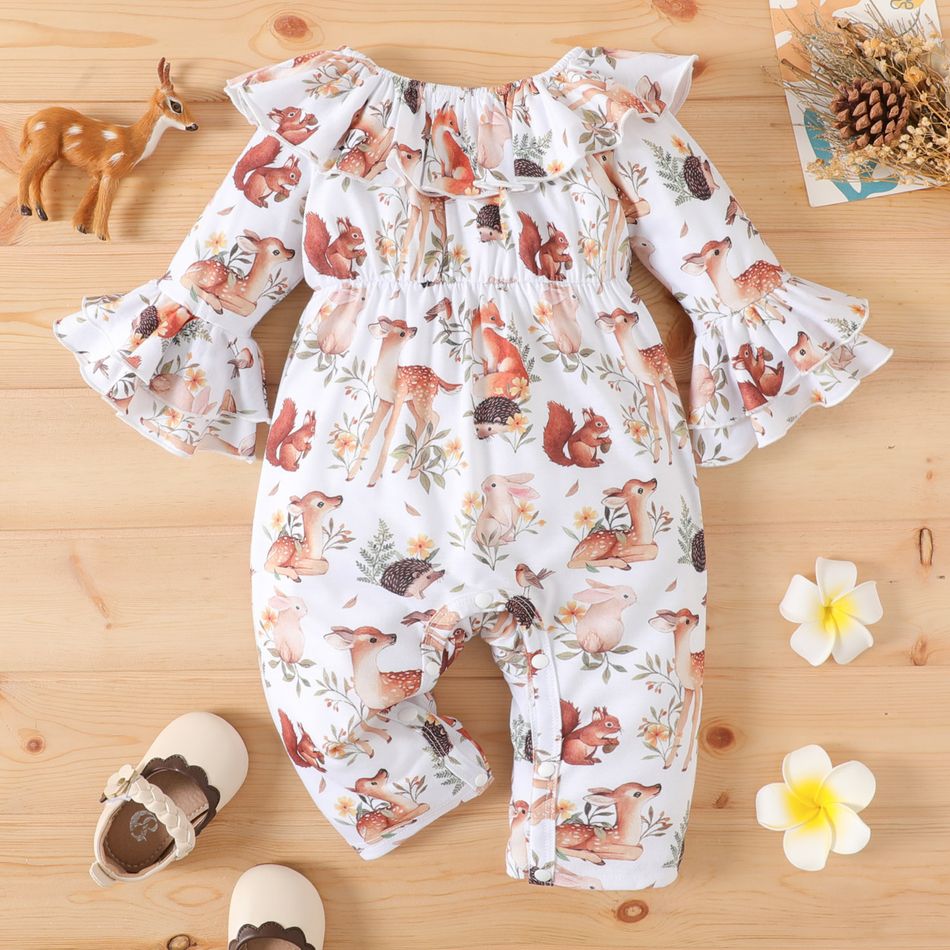 Baby Girl Allover Animal Print Ruffle Collar Flare-sleeve Jumpsuit Apricot big image 1