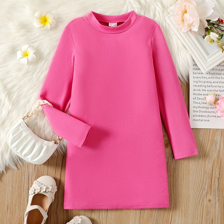 Kid Girl Solid Color Stand Collar Long-sleeve Knit Dress Roseo big image 1
