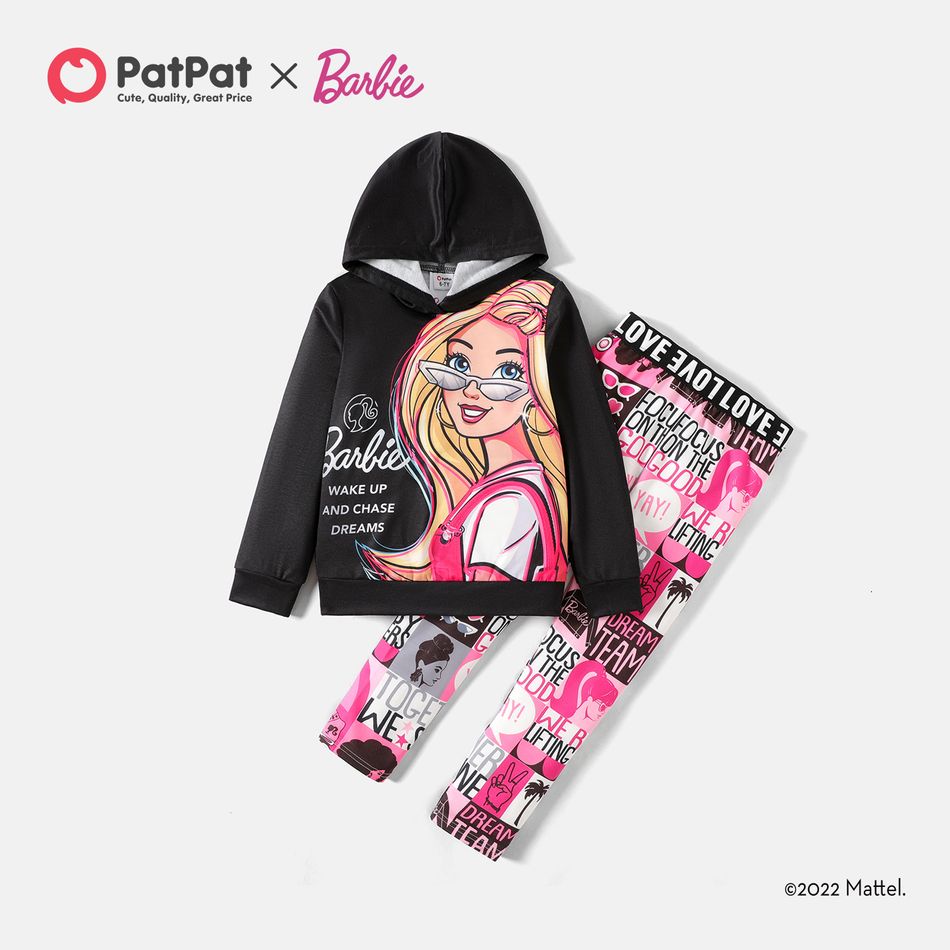 Barbie 2pcs Kid Girl Letter Characters Print Hoodie Sweatshirt and Leggings Set Colorful