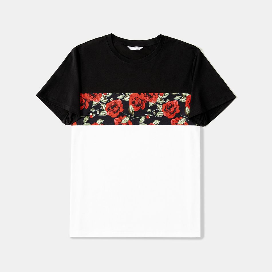 Family Matching Short-sleeve Allover Red Rose Floral Print Twist Knot Bodycon Dresses and Colorblock T-shirts Sets redblack big image 12