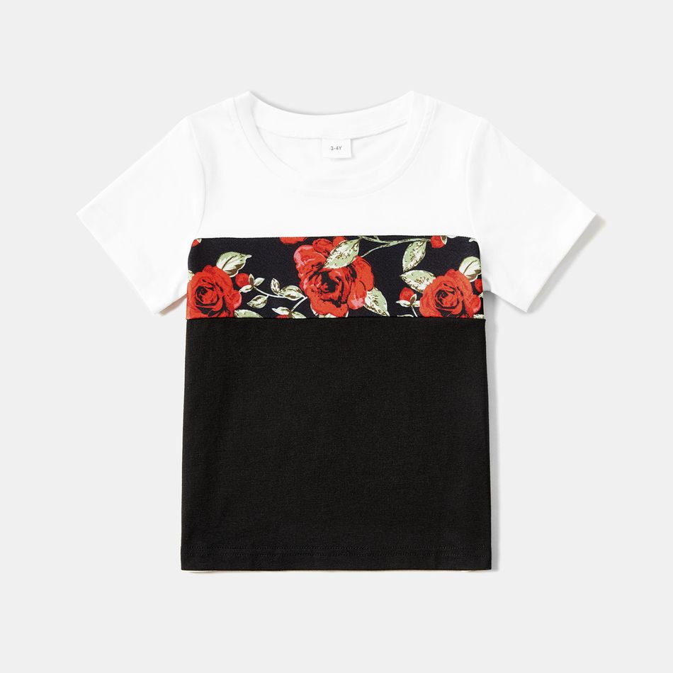Family Matching Short-sleeve Allover Red Rose Floral Print Twist Knot Bodycon Dresses and Colorblock T-shirts Sets redblack big image 15