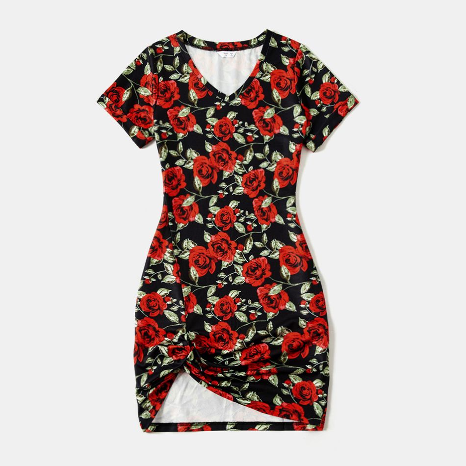 Family Matching Short-sleeve Allover Red Rose Floral Print Twist Knot Bodycon Dresses and Colorblock T-shirts Sets redblack big image 2