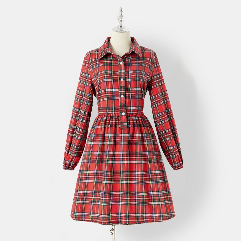 Family Matching Long-sleeve Red Plaid Button Front Shirt Dresses and Polo Shirts Sets Red big image 3