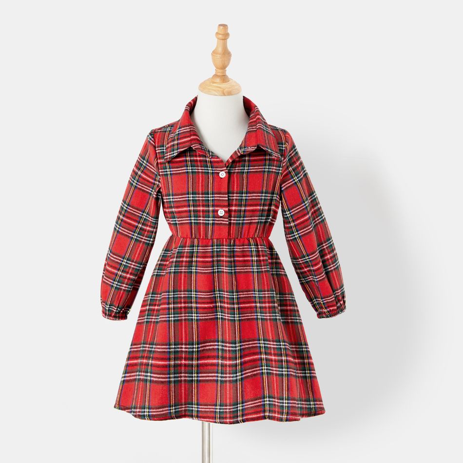 Family Matching Long-sleeve Red Plaid Button Front Shirt Dresses and Polo Shirts Sets Red big image 4