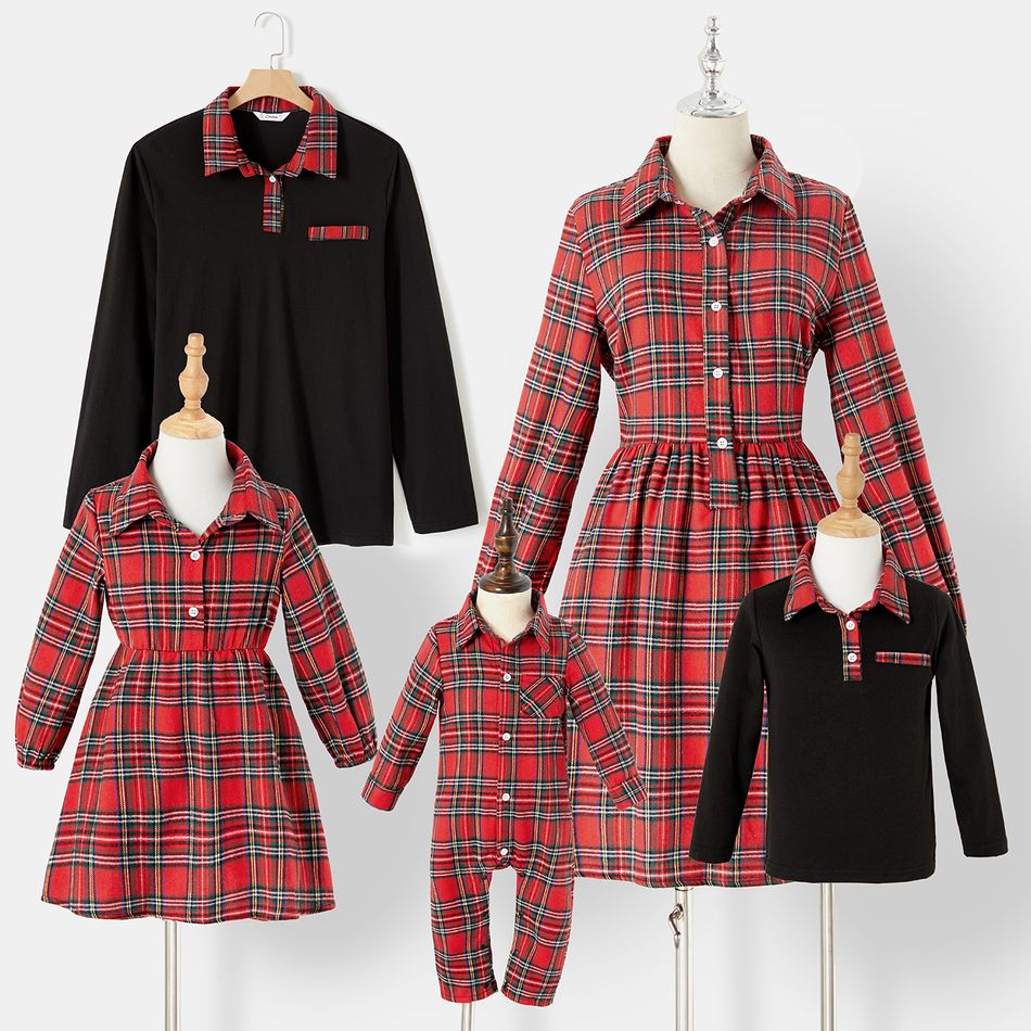 Family Matching Long-sleeve Red Plaid Button Front Shirt Dresses and Polo Shirts Sets Red