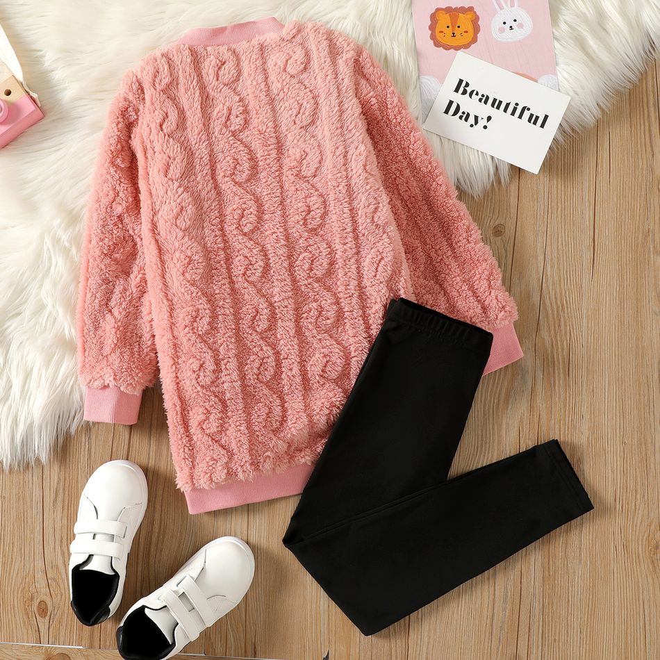 2pcs Kid Girl Pink Fleece Sweatshirt and Black Leggings Set ColorBlock big image 2