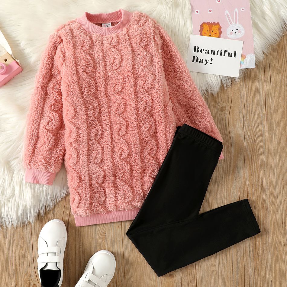2pcs Kid Girl Pink Fleece Sweatshirt and Black Leggings Set ColorBlock