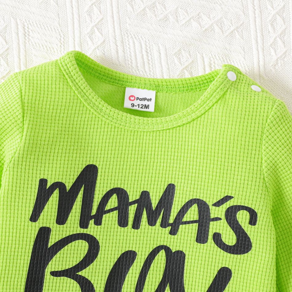 2pcs Baby Boy Letter Print Long-sleeve Waffle Sweatshirt and Sweatpants Set LimeGreen big image 4