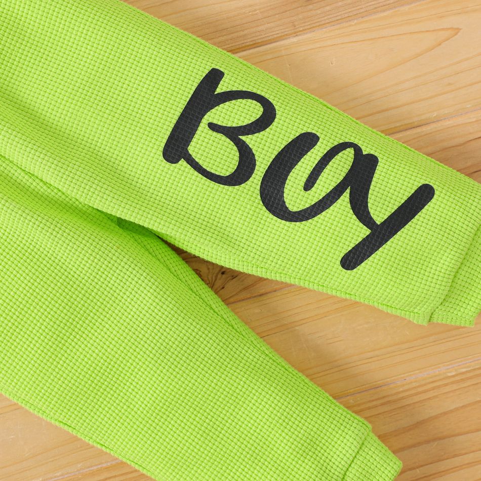 2pcs Baby Boy Letter Print Long-sleeve Waffle Sweatshirt and Sweatpants Set LimeGreen big image 6