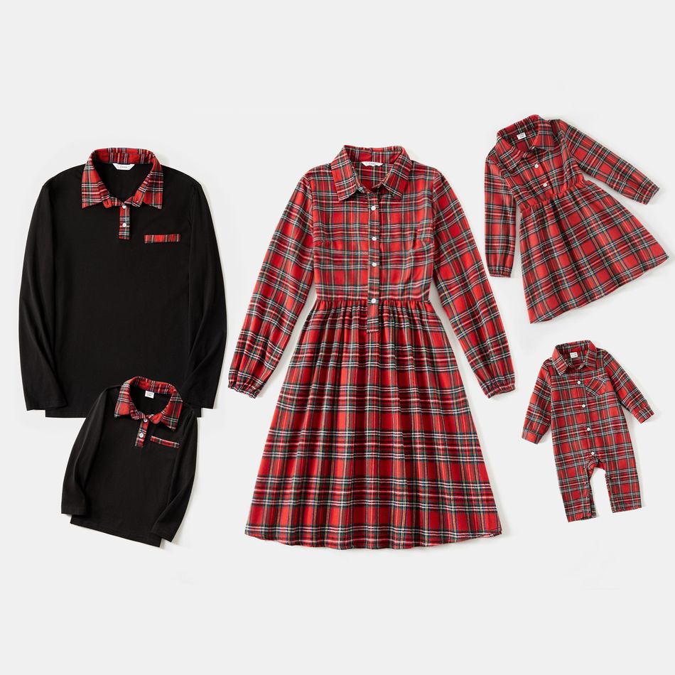 Family Matching Long-sleeve Red Plaid Button Front Shirt Dresses and Polo Shirts Sets Red big image 2
