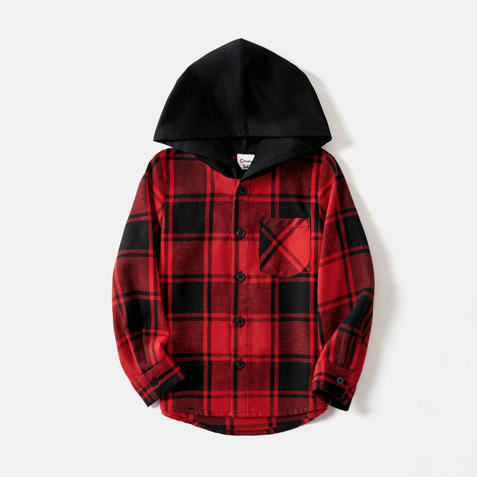 Family Matching Long-sleeve Button Front Solid Spliced Red Plaid Dresses and Hooded Shirts Sets redblack big image 9