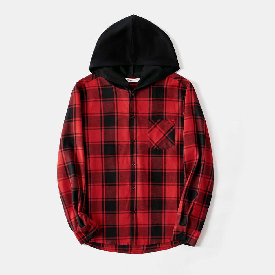Family Matching Long-sleeve Button Front Solid Spliced Red Plaid Dresses and Hooded Shirts Sets redblack big image 2