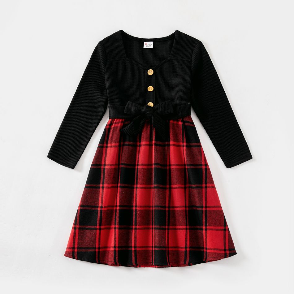 Family Matching Long-sleeve Button Front Solid Spliced Red Plaid Dresses and Hooded Shirts Sets redblack big image 11