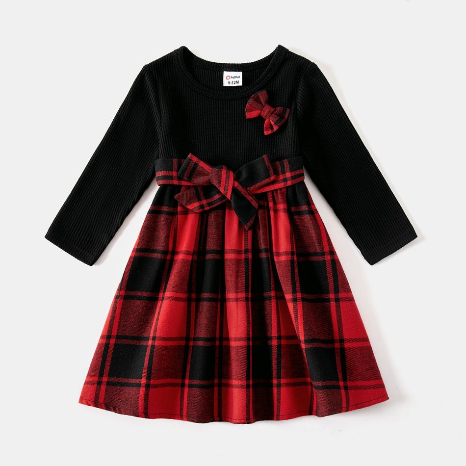Family Matching Long-sleeve Button Front Solid Spliced Red Plaid Dresses and Hooded Shirts Sets redblack big image 13