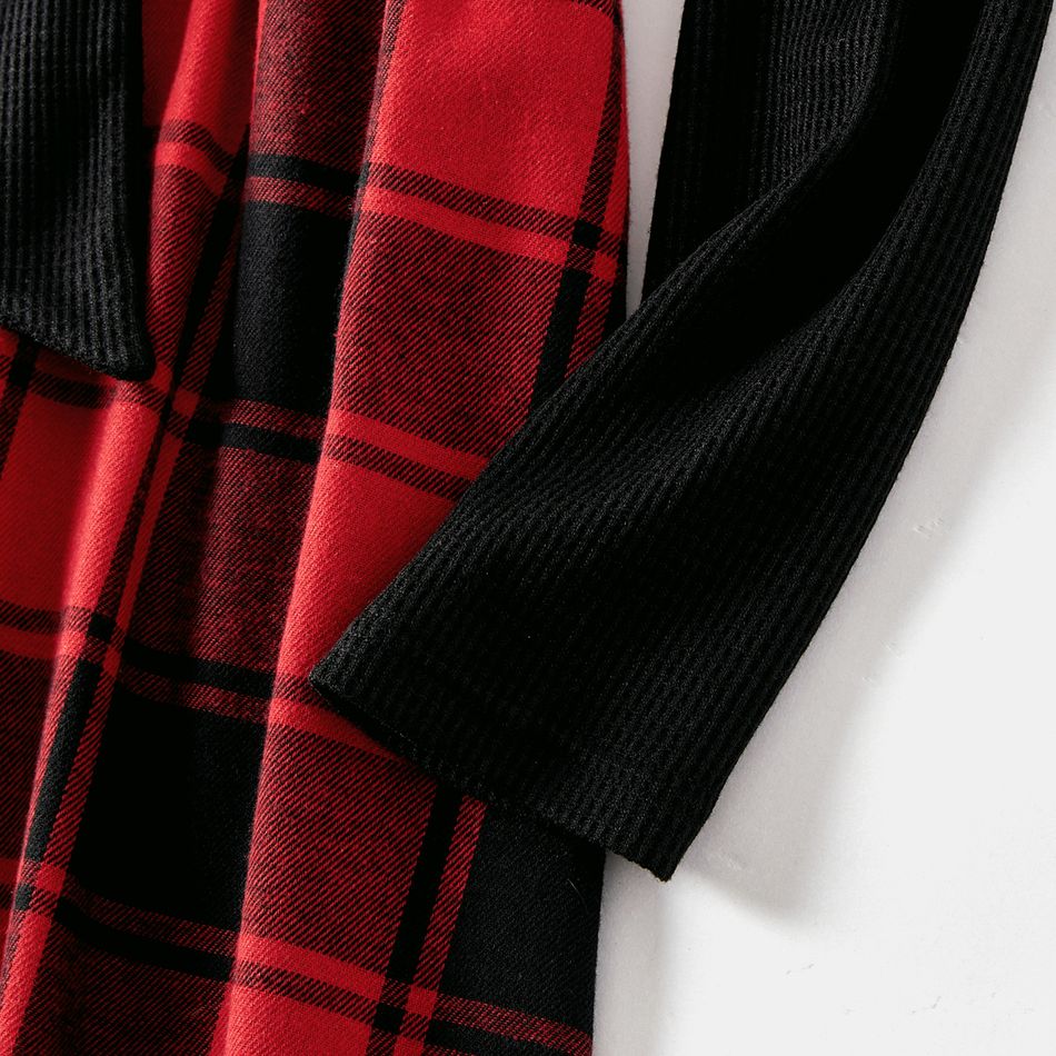 Family Matching Long-sleeve Button Front Solid Spliced Red Plaid Dresses and Hooded Shirts Sets redblack big image 8