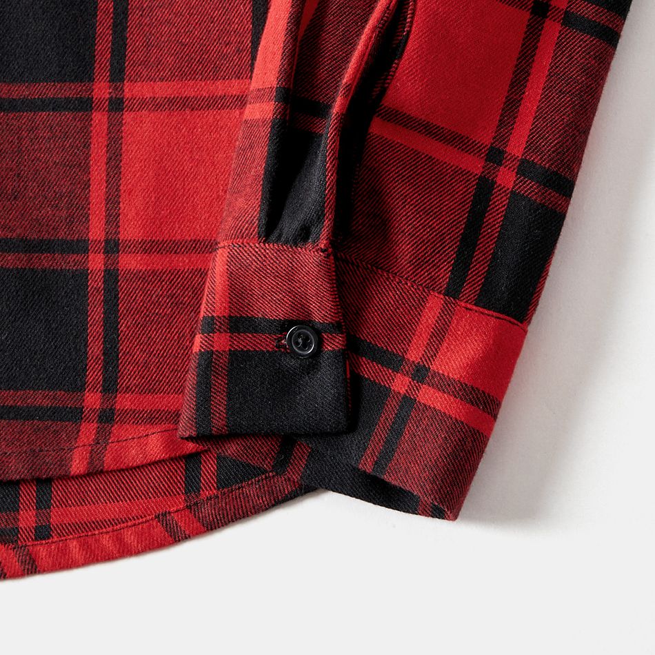 Family Matching Long-sleeve Button Front Solid Spliced Red Plaid Dresses and Hooded Shirts Sets redblack big image 10