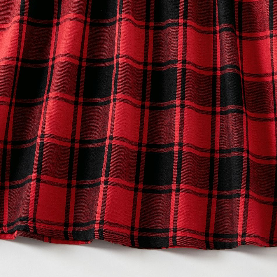 Family Matching Long-sleeve Button Front Solid Spliced Red Plaid Dresses and Hooded Shirts Sets redblack big image 12